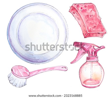 Washing a dish illustration. Watercolor hand painted plate, detergent and sponge. Cleaning service design. Housework concept clipart. 