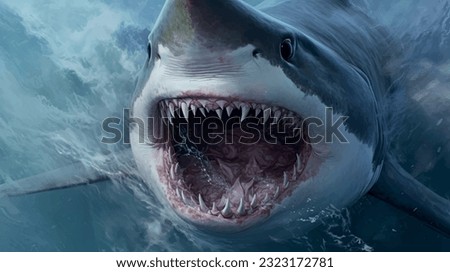Great white shark with open mouth. Watch out sharks. Shark attack. White shark teeth. Marine dangerous predator. Anger management.