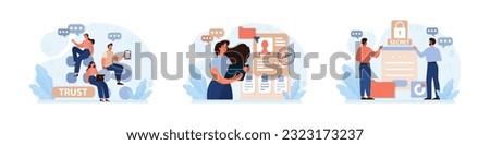Company credibility set. Brand reputation based on customer loyalty and trust. Corporate public relations strategy. Security of data. Flat vector illustration Royalty-Free Stock Photo #2323173237