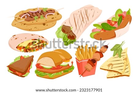 Fast food set vector illustration. Cartoon isolated fastfood restaurant menu collection with French fries in box, sandwiches filled with grilled meat and vegetables, kebab on skewer and hot dog Royalty-Free Stock Photo #2323177901