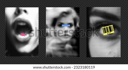 Flyers with halftone-style photos. Photo of a woman with her mouth open, and a star. Eye in a blur. Stickers with barcode and text. Vector collage design with illustrations