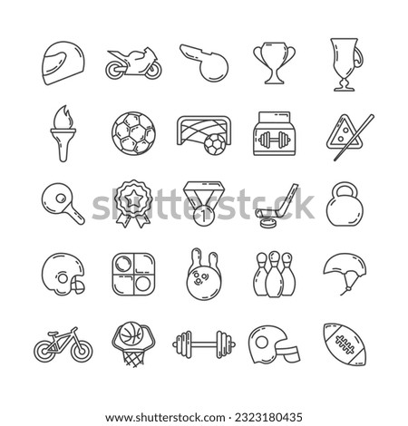 sport line icon set with bowling, racing helmet, ball, olympic torch