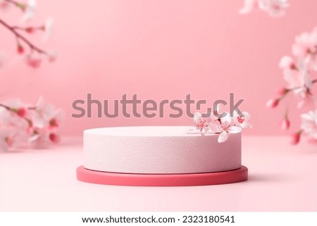 Round podium for cosmetic beauty product with cherry blossom flowers Royalty-Free Stock Photo #2323180541