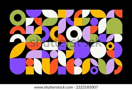 Geometric minimal pattern. Simple colorful circle shapes, modern bauhaus background, abstract swiss banner. Vector design