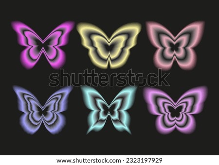 Stickers with a blurred Y2K effect.   Butterfly shapes in trendy retro style. Vector illustration.