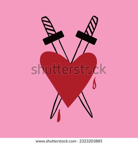 Red heart with daggers. illustration modern trendy hand drawn style Royalty-Free Stock Photo #2323203885