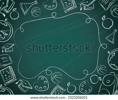 Greenboard back to school with hand drawn elements and space for information in the middle. Vector illustration. EPS10 Royalty-Free Stock Photo #2323206021