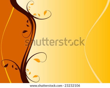 An abstract vector illustration in landscape orientation with a vertical floral design in shades of orange on a lighter graduated base with room for text