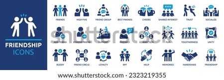 Friendship icon set. Containing friends, group of friend, socialize, friendly, cheers, trust, support and best friends icons. Solid icon collection. Vector illustration. Royalty-Free Stock Photo #2323219355
