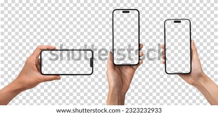 Hand holding the black smart phone with blank screen and modern frameless design in two rotated perspective positions - isolated on white background - Clipping Path Royalty-Free Stock Photo #2323232933