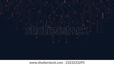 Orange circuit diagram on dark blue background. digital circuit board technology background for internet connectivity concept. Royalty-Free Stock Photo #2323233295