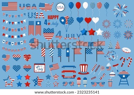 A big set for U.S. Independence Day. Bright elements, embellishment. Balloons, stars, fireworks and flags. Vector isolated on blue background