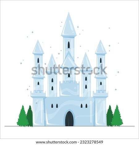 Illustration of an Ice Castle Shining in Blue.  ice castle in snow mountains aerial view. Snow castle isolated on white background. Blue fairy ice castle. Vector 