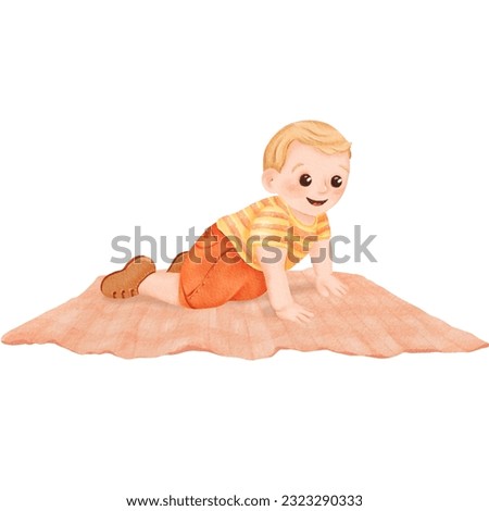 little boy is crawling on blanket.. child grows and develops. kid is dressed in comfortable home clothes: a yellow striped T-shirt, orange pants and brown shoes. Watercolor illustration.