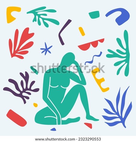 Flat abstract art with Henri mattise style woman painting Colorful illustration vector, Decorative floral seamless pattern with trendy shapes
