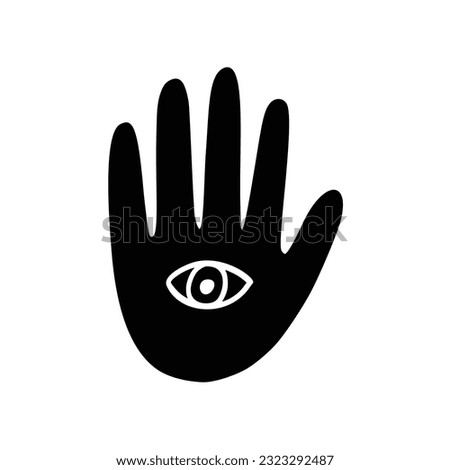 Mystic Hand with Third Eye in Linocut Style. Celestial Magic Icon Vector Illustration Isolated on White Background. Boho Witchy Hand Clipart for Tarot Card, Logo, Poster, Packaging Design. Royalty-Free Stock Photo #2323292487
