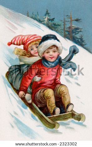 Children sledding - a 1911 vintage illustration