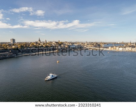 Beautiful boats. Aerial of boats in Stockholm, Sweden. Summer seascape with ships, sunny day. Top view yachts