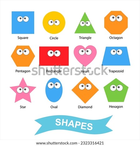 Cute cartoon shapes: square, circle, ellipse, triangle, pentagon, hexagon, rectangle, star and trapezoid for children's. Vector design illustration