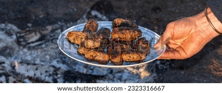 Hand holding a plate with sharply brown grilled minced meat rolls called Cevapcici as grilled Balkan meatball recipes.