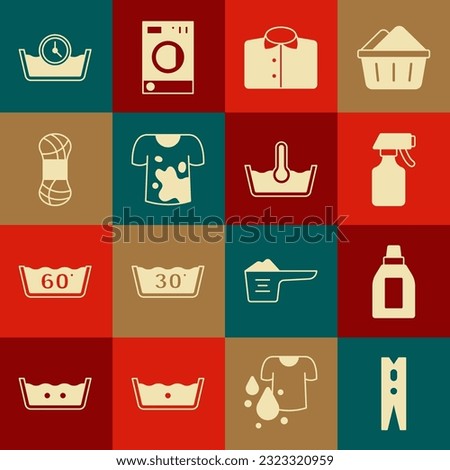 Set Clothes pin, Bottle for cleaning agent, Water spray bottle, T-shirt, Dirty t-shirt, Yarn, Time wash and Temperature icon. Vector