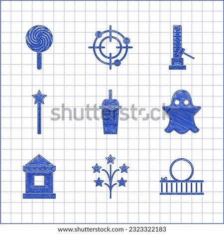 Set Paper glass with drinking straw and water, Fireworks, Roller coaster, Ghost, Ticket box office, Magic wand, High striker attraction big hammer and Lollipop icon. Vector Royalty-Free Stock Photo #2323322183