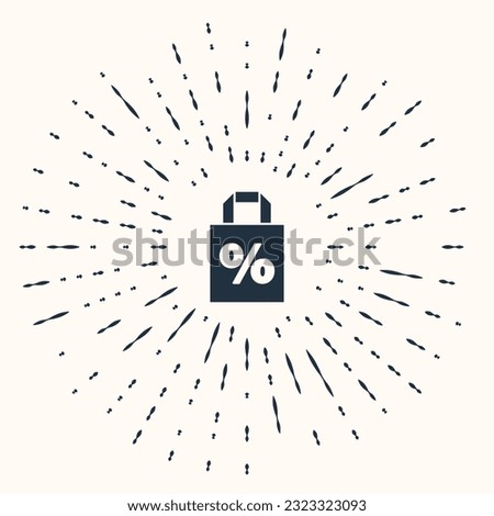 Grey Shoping bag with an inscription percent discount icon isolated on beige background. Handbag sign. Abstract circle random dots. Vector Illustration
