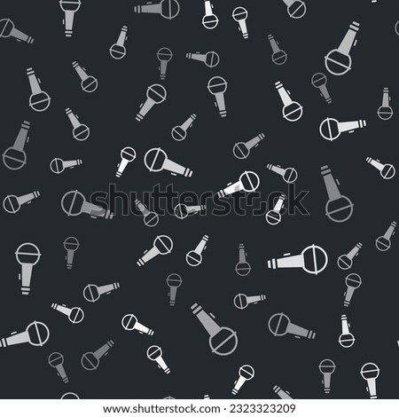 Grey Microphone icon isolated seamless pattern on black background. On air radio mic microphone. Speaker sign.  Vector