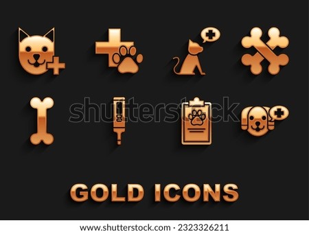 Set Medical digital thermometer, Crossed bones, Veterinary clinic symbol, Clipboard with medical clinical record pet, Dog,  and  icon. Vector