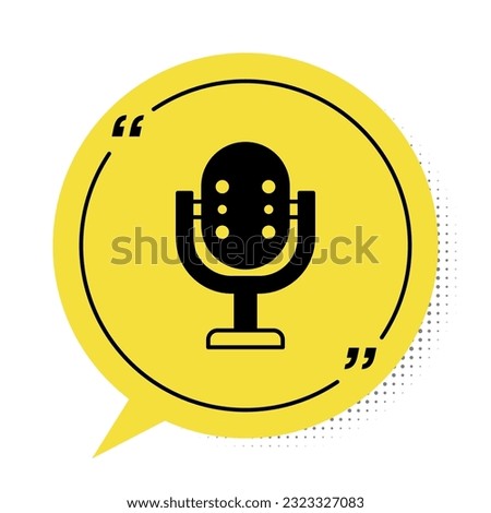 Black Microphone icon isolated on white background. On air radio mic microphone. Speaker sign. Yellow speech bubble symbol. Vector
