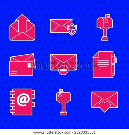 Set Delete envelope, Mail box, Envelope with Valentine heart, Document and pen, Address book,  and Outgoing mail icon. Vector