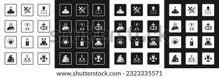 Set Priest, Hands in praying position, Knight crusader, Church tower, Christian fish, Crusade,  and Religious cross circle icon. Vector