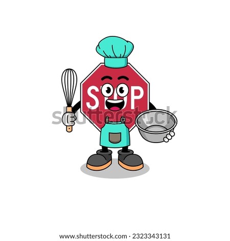 Illustration of stop road sign as a bakery chef , character design