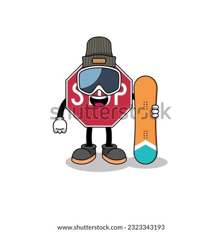 Mascot cartoon of stop road sign snowboard player , character design