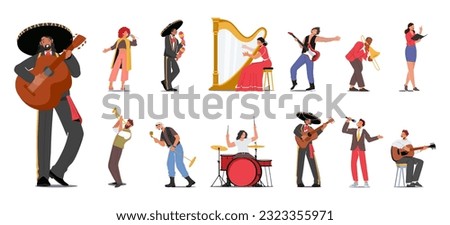 Set of Musicians Male and Female Characters Play Guitar, Maracas, Harp, Drums and Trumpet. Mean and Women Singing with Microphones, Mexican Mariachi Artists. Cartoon People Vector Illustration