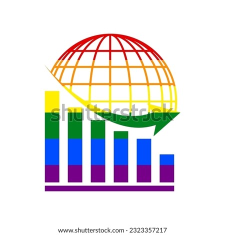 Declining graph with earth. Rainbow gay LGBT rights colored Icon at white Background. Illustration.