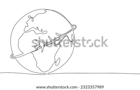Airplane around Earth in continuous line art drawing style. Silhouette of Plane, travel concept. Black linear sketch isolated on white background. Vector illustration