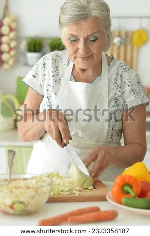 Close up portrait of senior woman chef portrait at kitchen. High quality photo