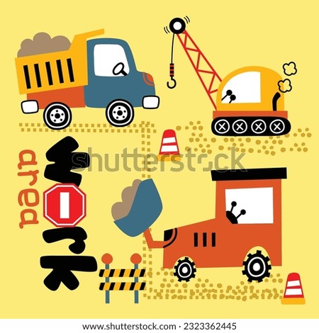 a big bulldozer and truck in the work area funny cartoon