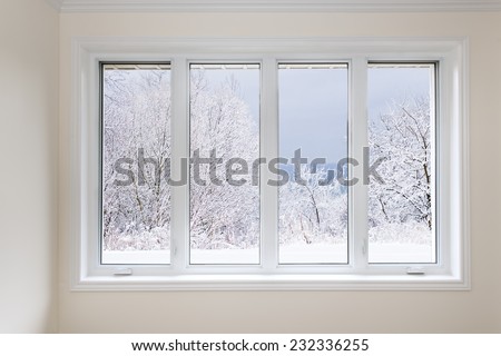 Large four pane window looking on snow covered trees in winter