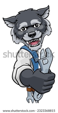 A wolf cartoon animal mascot plumber, mechanic or handyman builder construction maintenance contractor peeking around a sign holding a spanner or wrench