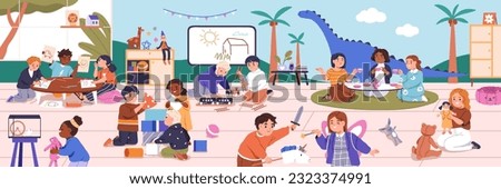 Children playing together in kindergarten. Happy little toddlers with toys, games at daycare playroom. Preschool kids, cute boys and girls, having fun in nursery panorama. Flat vector illustration Royalty-Free Stock Photo #2323374991