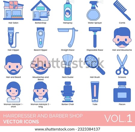 Hairdresser and Barber Shop Icons including Bald Cap Wig, Barber Chair, Barbershop, Barber's Pole, Beard Clipper Trimmer, Conditioner, Cream, Oil, Reshape, Styling
