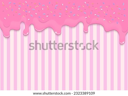 Bakery background. Pink dripping liquid or strawberry topping and colorful sprinkles on striped background with copy space. Royalty-Free Stock Photo #2323389109