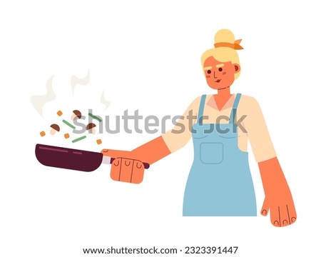 Blonde woman flipping vegetables semi flat colorful vector character. Editable half body chef frying food on steel pan on white. Simple cartoon spot illustration for web graphic design