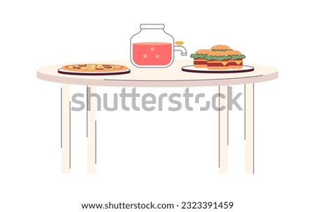 Party fastfood and punch jar with tap on table semi flat colour vector object. Eating fast food. Editable cartoon clip art icon on white background. Simple spot illustration for web graphic design