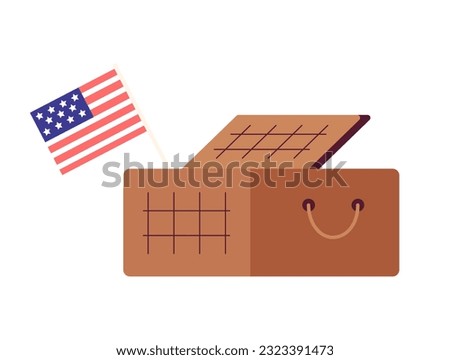 Picnic basket with american flag semi flat colour vector object. Independence day usa celebration. Editable cartoon clip art icon on white background. Simple spot illustration for web graphic design