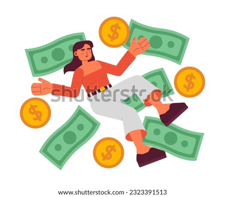 Happy woman among money 2D vector isolated spot illustration. Business investition flat lying investing character on white background. Businesswoman colorful editable scene