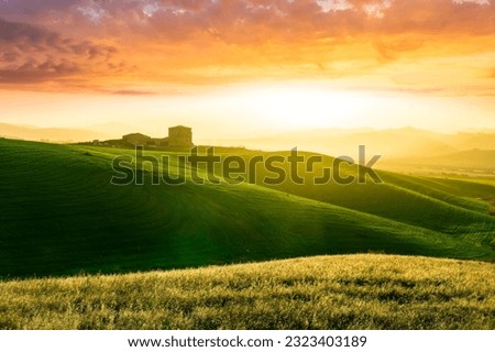 green field in countryside at sunset in the evening light. beautiful spring landscape in the mountains. grassy field and hills. rural scenery Royalty-Free Stock Photo #2323403189