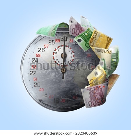 Speed of money transaction. Double exposure of planet and stopwatch with euro banknotes on light blue background, illustration